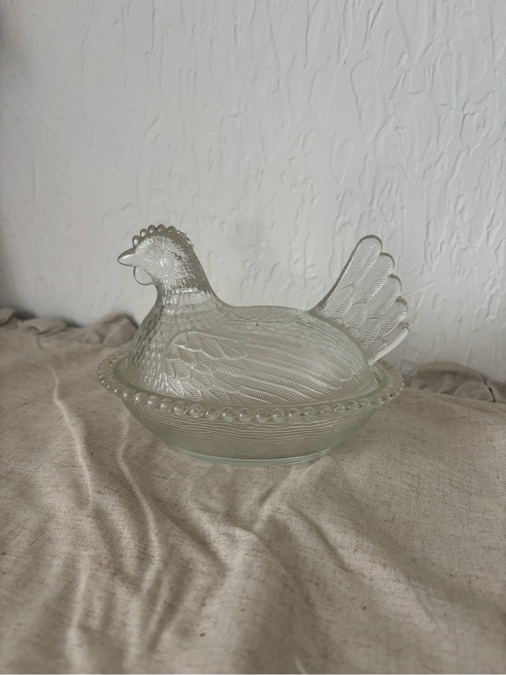 Vintage 7" Indiana Glass Hen on Nest Clear Covered Dish Beaded Rim Candy Dish